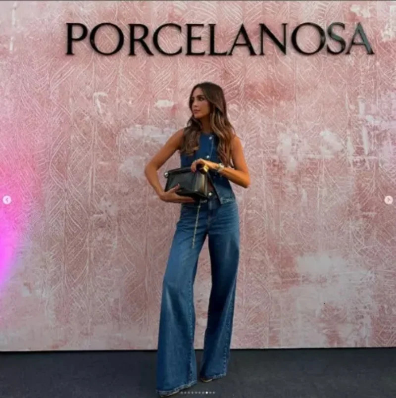 womens 2-piece fashionable single chest sleeveless slim fit vest denim wide leg pants set casual and casual knitted set 250402