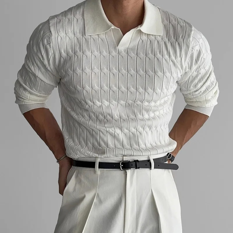 Mens Knit Sweater Polo Shirt V Neck Cable Stitch Business Collar Long Sleeve T Shirt Autumn Winter 251105