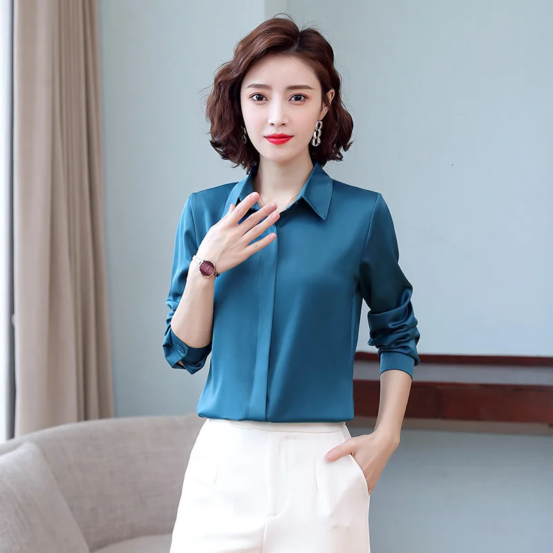 TingYilis elegant office is adorned with satin silk shirts spring and autumn long sleeved womens tops pink yellow blue green black and white shirts 25