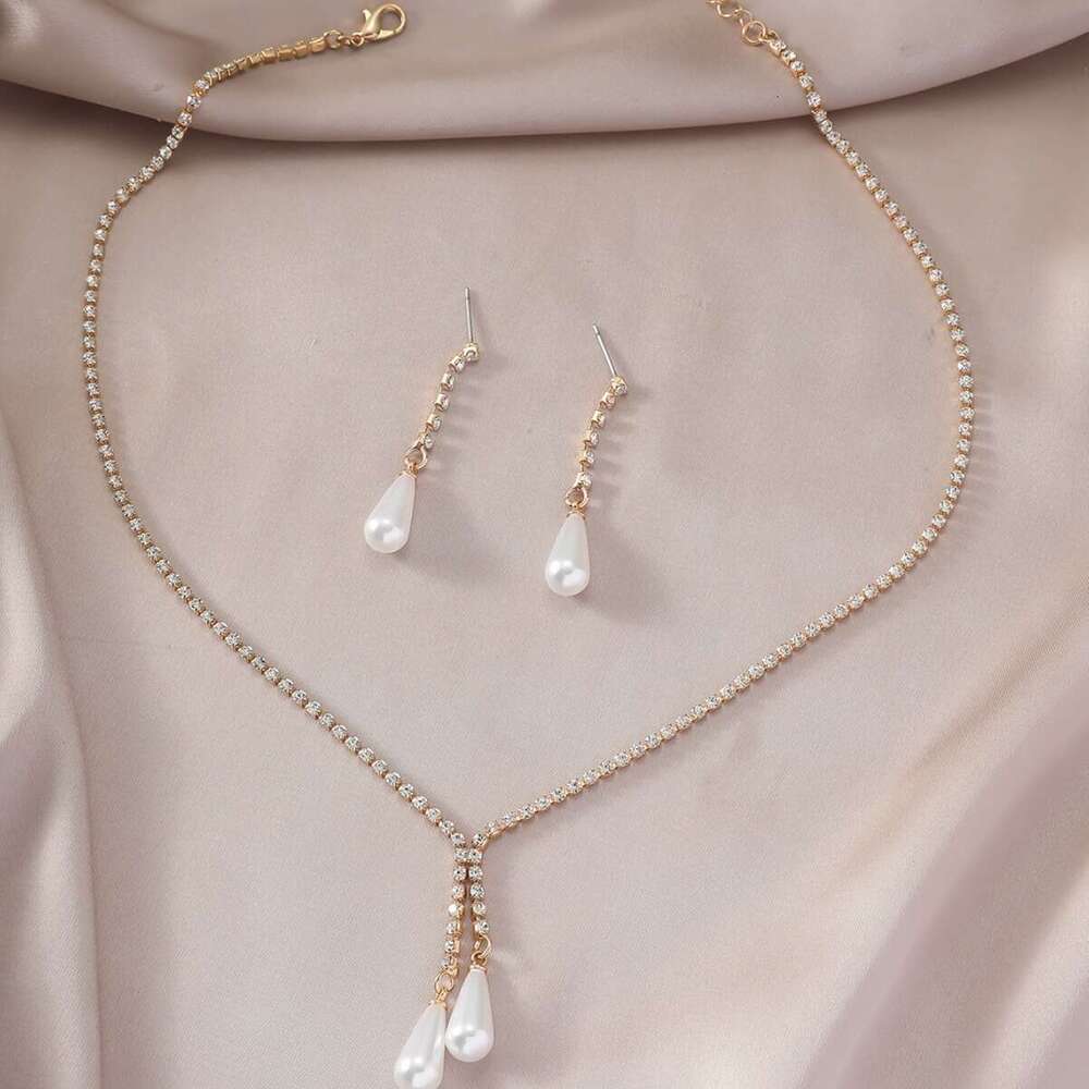 Antique new Chinese style water droplet sparkg pearl set, fashionable ladies tassel hot rhie earring necklace two-piece set