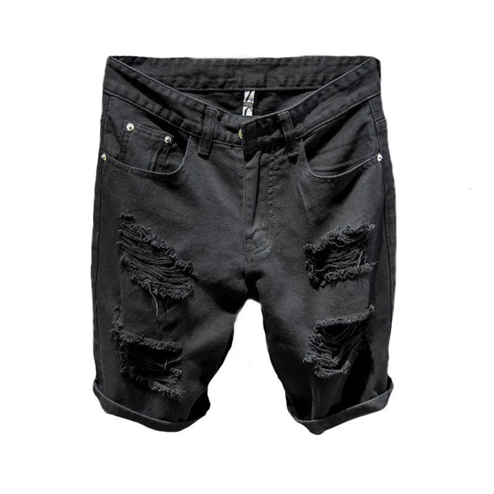 Summer Mens Fashion Trend FivePoint Hole Shorts Loose Versatile Straight Casual Solid Color Simple Y2k Jeans Men 250313
