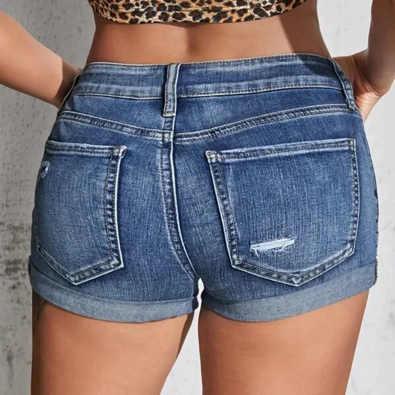 Womens Split Denim Shorts Summer Beach Wild Fashion Sexy Mid Waist Curled Cuff Perforated Elastic Slim Fit Casual Shorts 250407