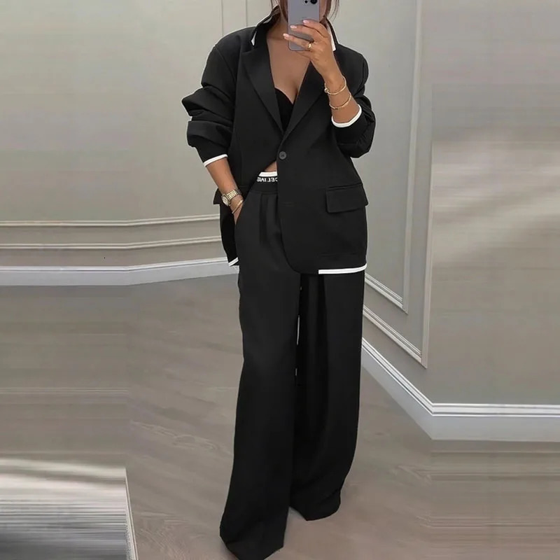 Autumn Winter Blazer Jacket Set Woman Elegant Single Button Lapel Cardigans Wide Leg Trousers Suit Elegant Solid Office Outfit 251103