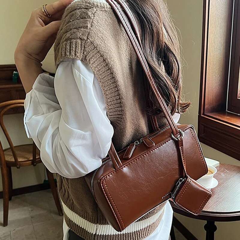 Ladies' Brown PU Leather Vintage Textured Small Women Versatile One Shoulder Underarm Bag Korean Fashion Handbag
