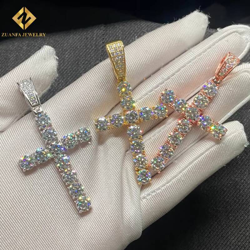 Ice Out Round Brilliant Cut VVS Moissanite Pendant Cross Pendant HipHop 925 Sterling Silver Pendant Pass Diamond Tester with GRA