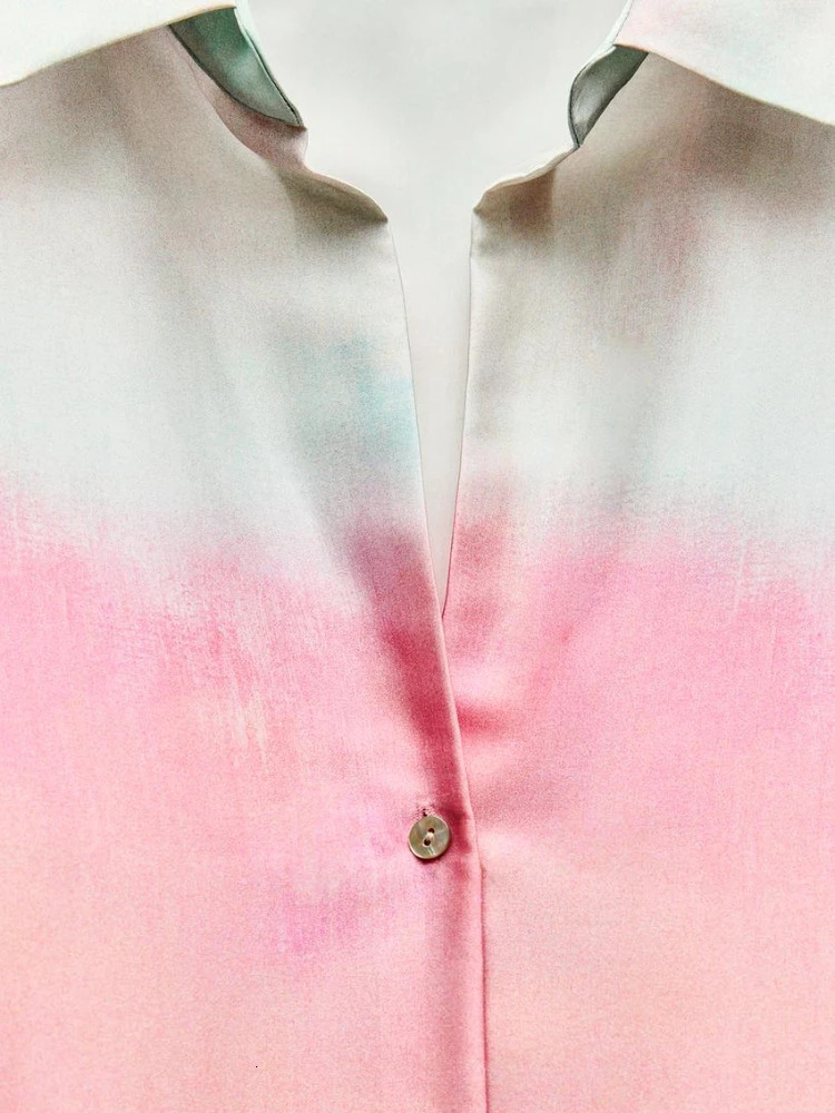 Womens tie dye printed shirt pants set Vneck long sleeved satin high waist wide leg silk autumn womens fashion 250313