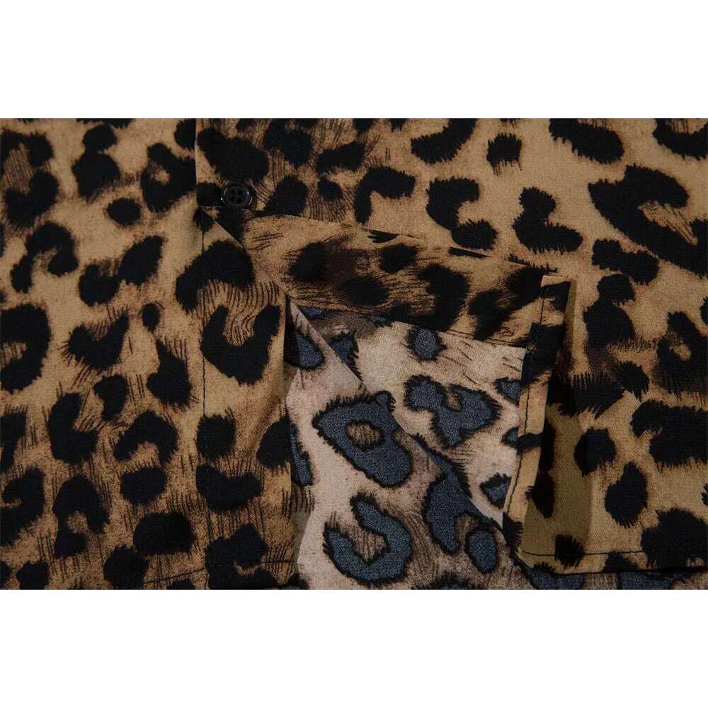 Leopard Print Short Sleeve Cotton Tee Mens Summer High Street Loose Lapel Single Breasted Half-Sleeve Tshirt Men