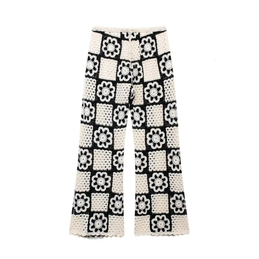 Autumn European and American style crocheted sleeveless top contrasting color knitted wide leg pants fashion set 250402