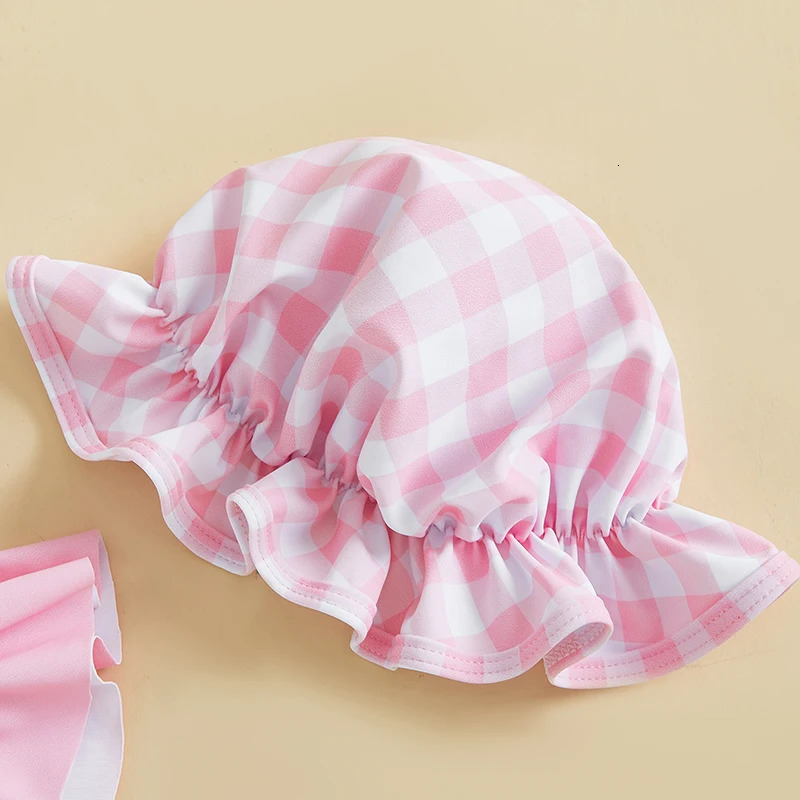 0-36months Toddler Girl Bikini Set Swimsuit Plaid Print Flutter Sleeves Tank Tops with Shorts and Hat Bathing Suit 250407