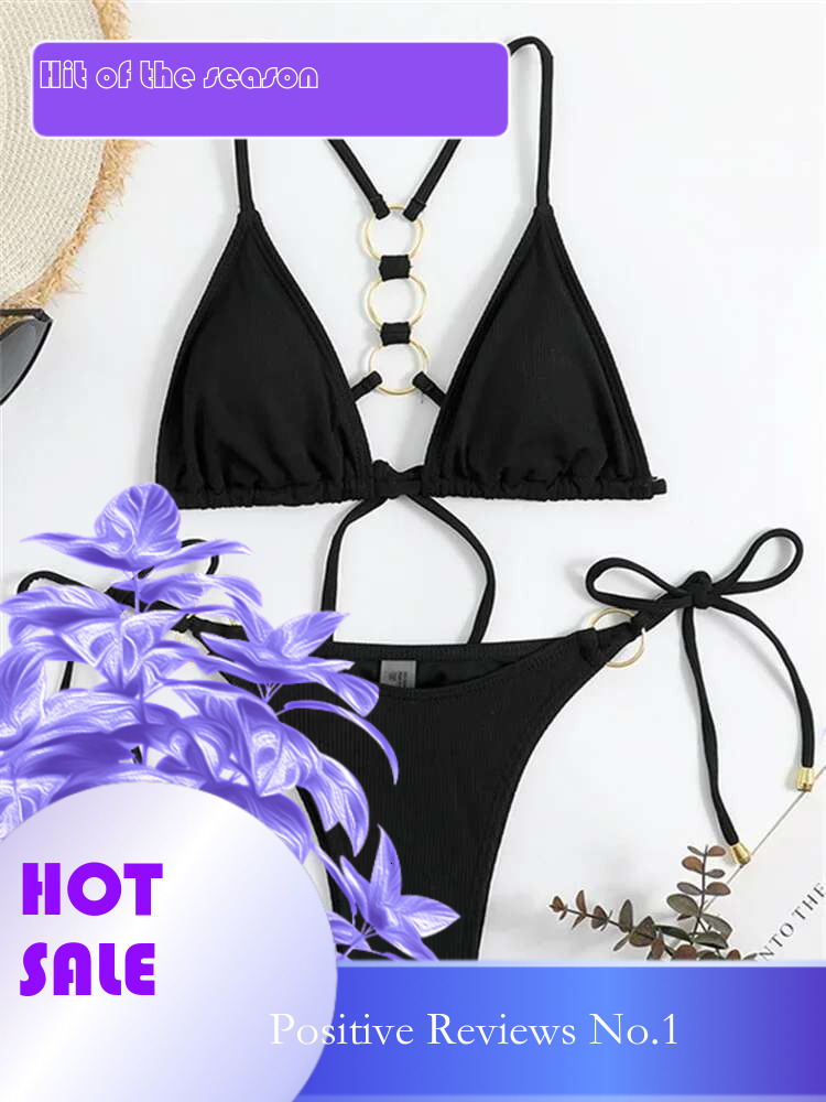 Dongdumaoyi Sexy Tie Side Thong Bikini Set Women Black Ring Linked Cut Out Lace Up Micro Swimsuit Bathing Suit Push Mini Swimwear