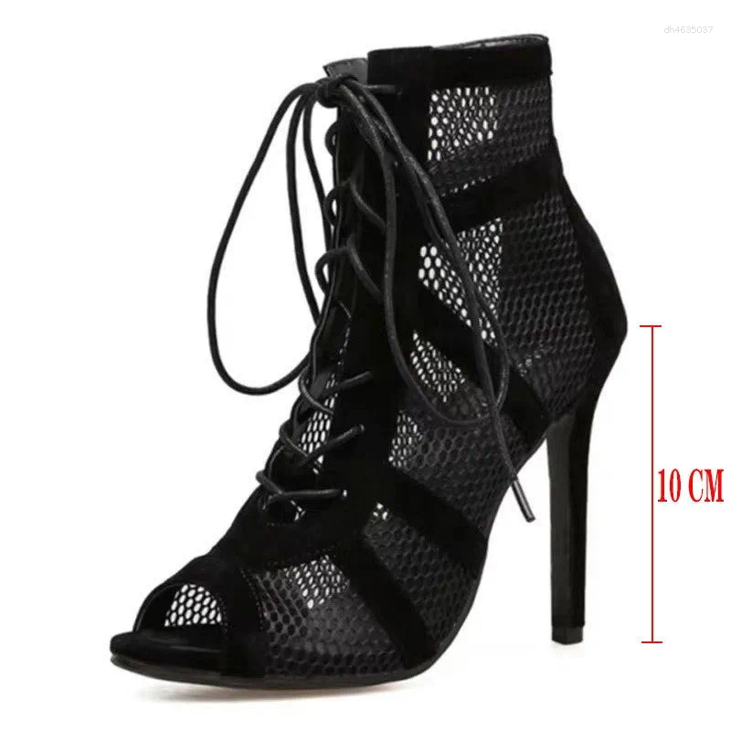 Sandals Fashion Show Black Net Fabric Cross Strap Sexy High Heel Woman Shoes Pumps Lace-up Peep Toe Casual Mesh zhanyishengli