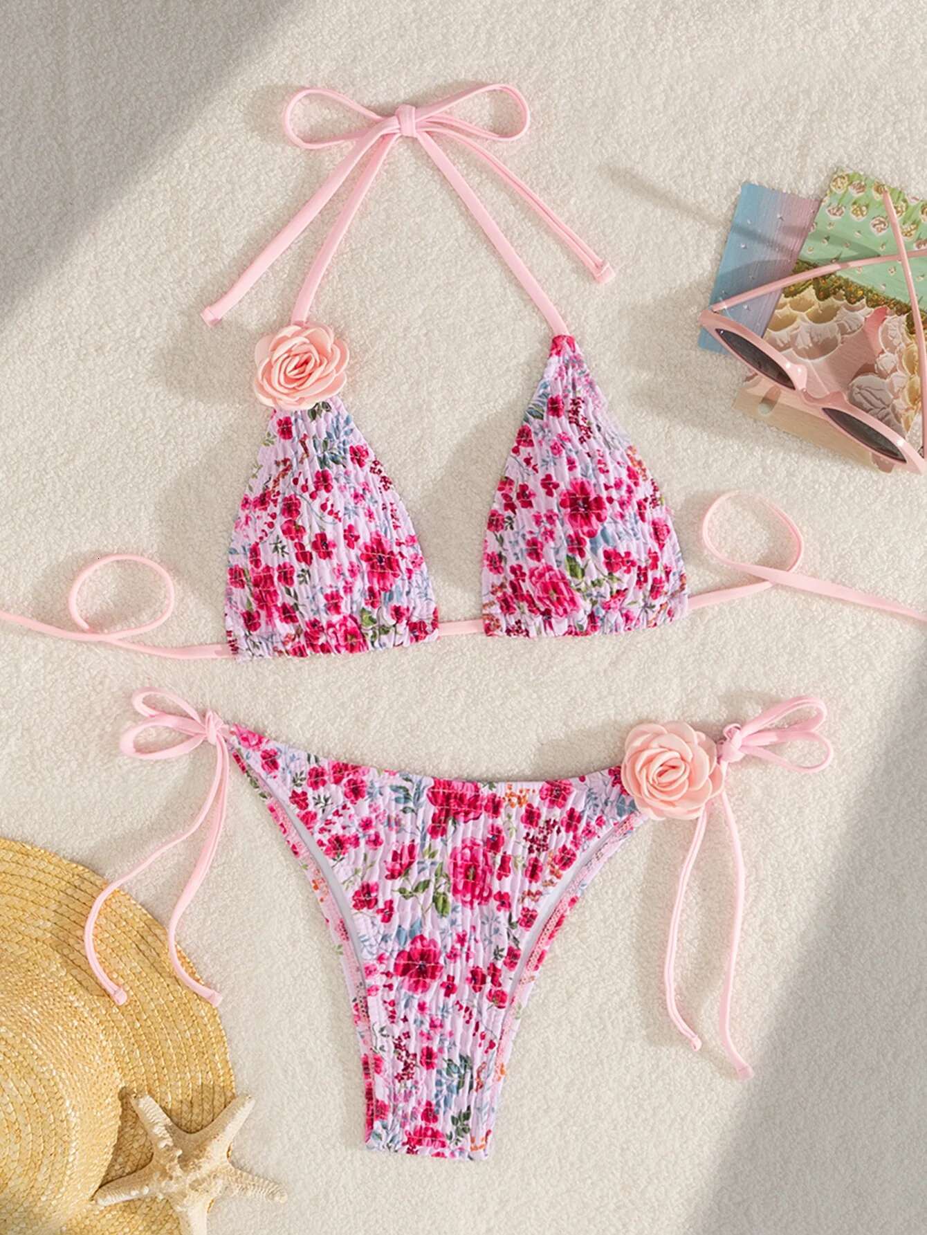 Dongdumaoyi Sexy Pink D Floral Designer Bikini Set Women Pleate Push Up Bra Tie Side Thong Swimsuit Beach Bathing Suit Micro Swimwear