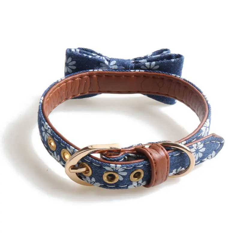 Blue dog collar pet cat bib bandage flower neck strap leather denim bow suitable for small and medium-sized Perro Teddy Chihuahua Spitz M250407