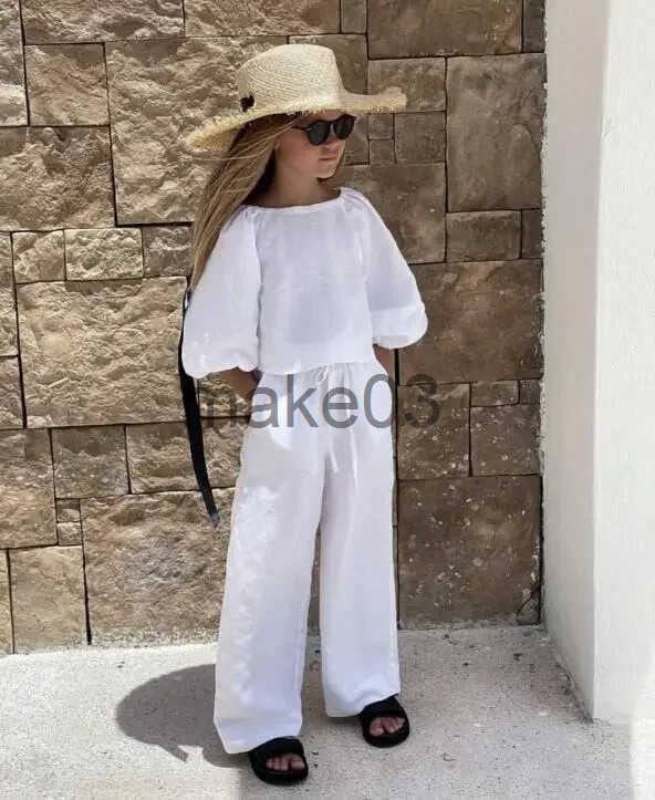 Childrens Set Russian Girl SprSummer Cotton Hemp Rope Fashion Top Casual Pants Two Piece 2024 Round Neck Simple J250403