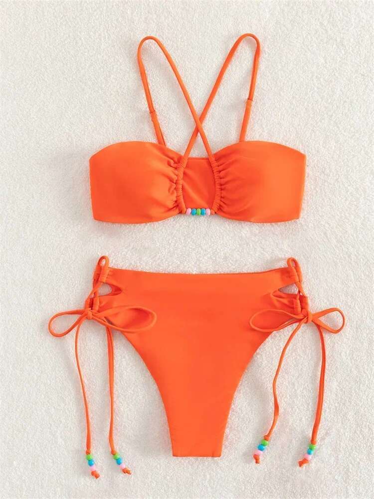 Dongdumaoyi Sexy High Waist Bikini Set Women Orange Purple Hollow Out Pearls Push Up Micro Swimsuit Beach Bathing Suit Lace Swimwear