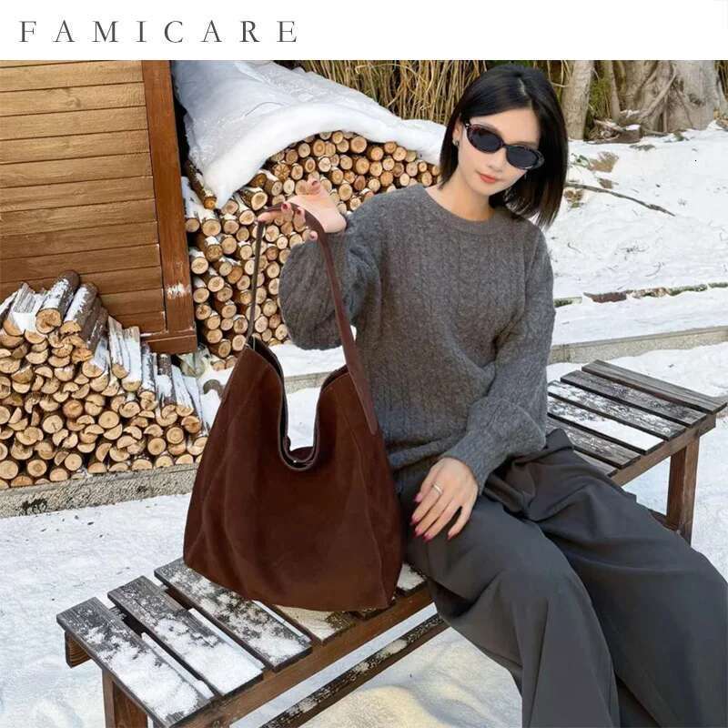 2025 Women's Frosted Leather Tote Large Capacity Soft Suede Bucket Handbag Lady Minimalist Underarm Hobo Shoulder Bag