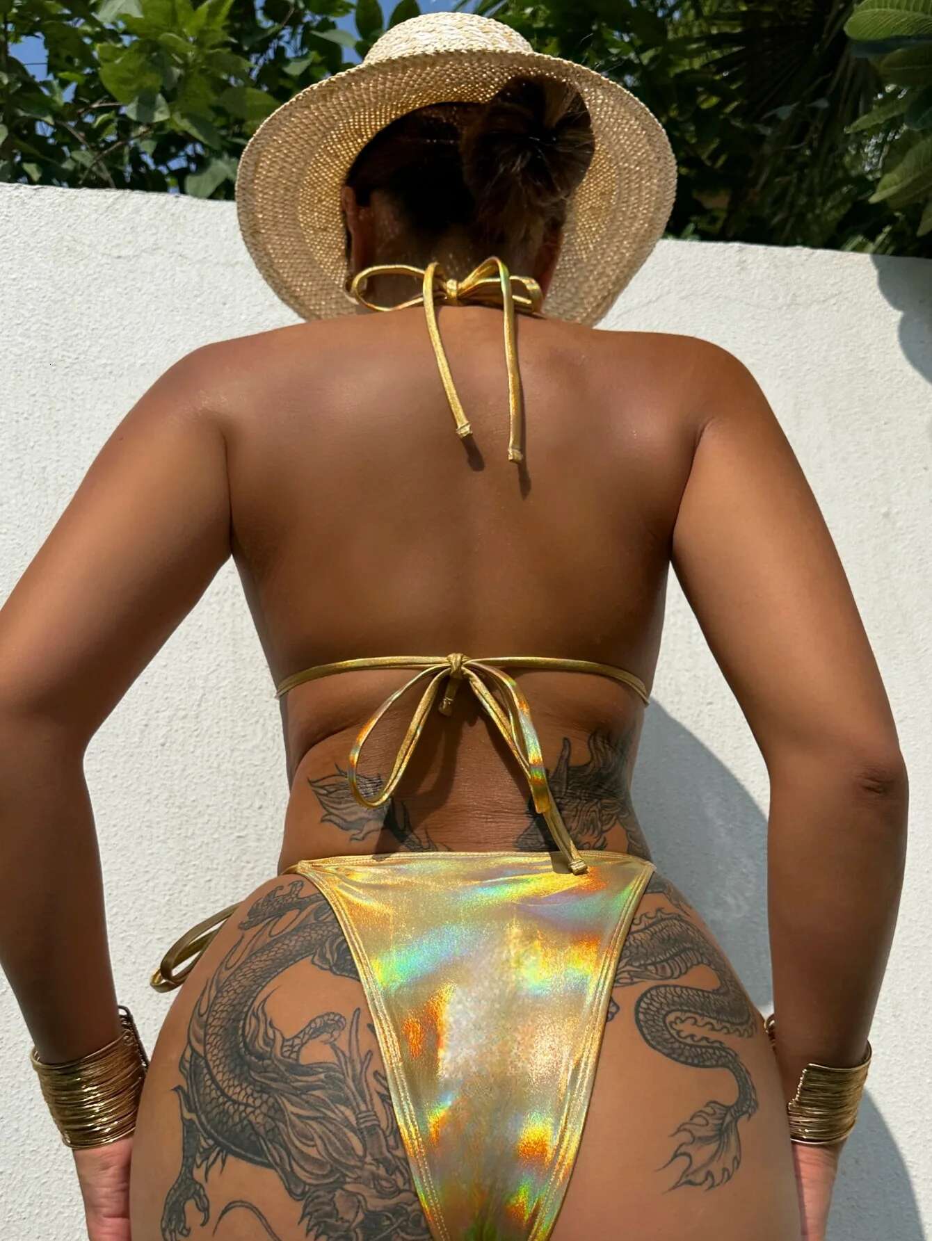 Dongdumaoyi Shiny Gold Bikini Mujer Women Sexy Halter Metal Ring Linked Push Up Triangle Swimsuit Brazilian Bathing Suit Micro Swimwear