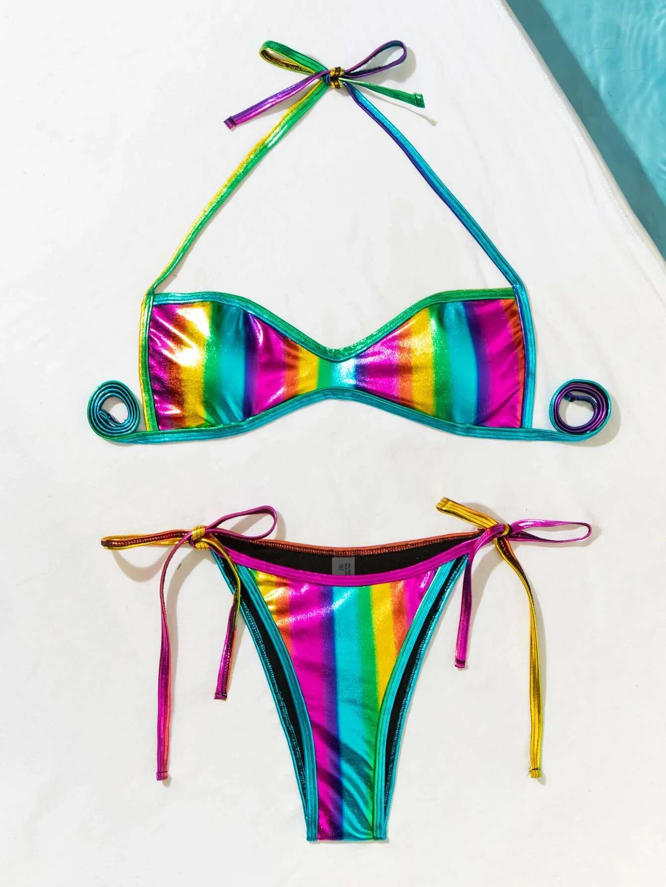 Dongdumaoyi Sexy Brozing Rainbow Gradient Bikini Women Halter Pleate Push Up Bra Tie Side Thong Swimwear Beach Bathing Suit Swimsuit