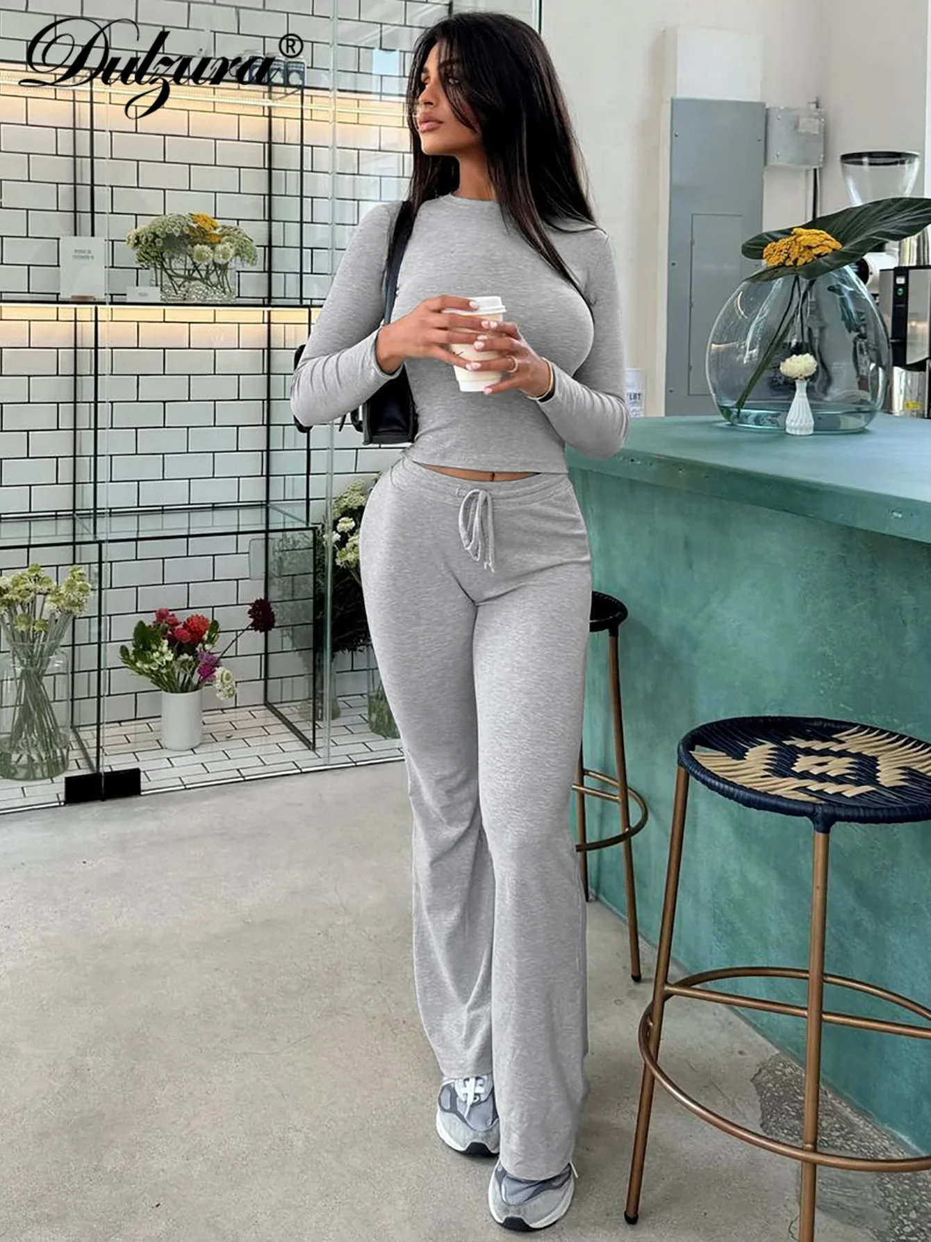 Dulzura WomenS Casual 2 Piece Pants Set Long Sleeves Bodycon Crop Top And Drawstring Flare Pants Matching Set Streetwear Autumn 251104