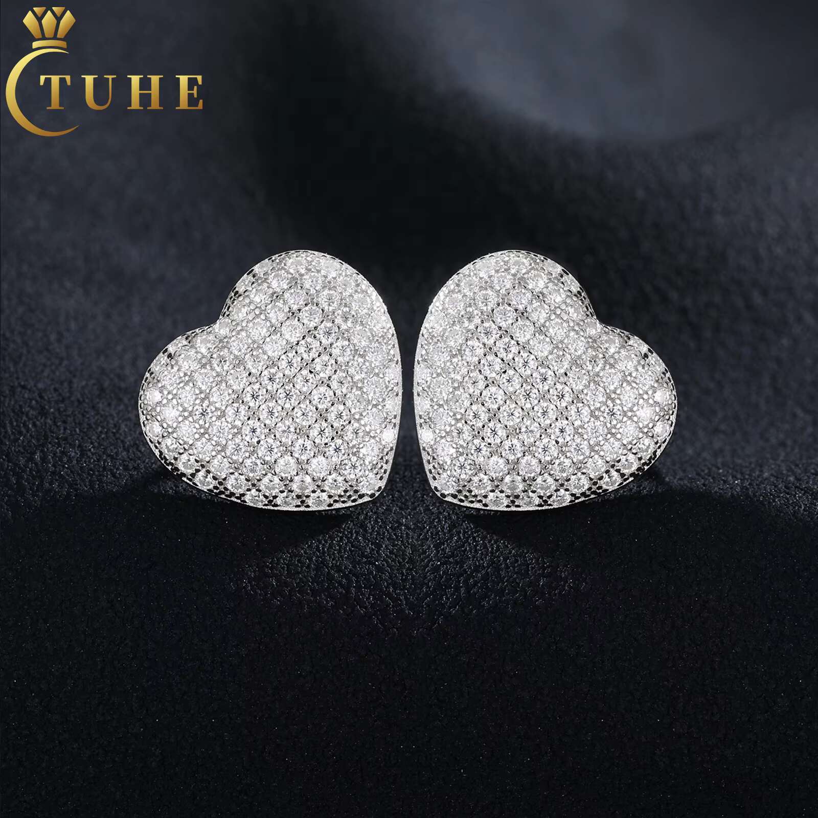 GRA Certificate Micro Paved VVS Moissnaite Diamond Iced Out Heart Stud Earrings 925 Sterling Silver Lab Mossanite Earrings