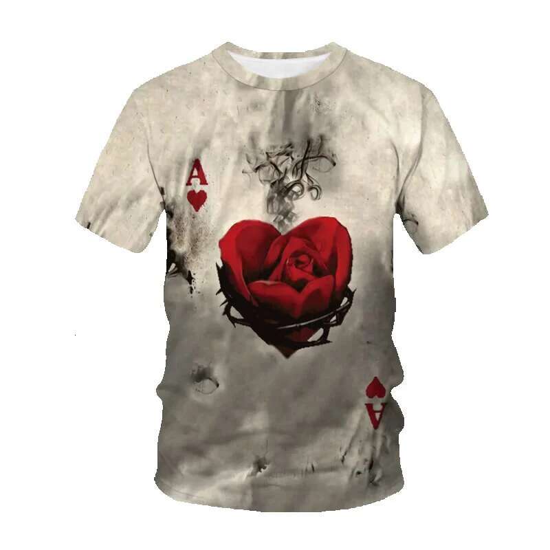 Men's short sleeved round neck T-shirt, fashionable streetwear, 3D printed cards and flowers