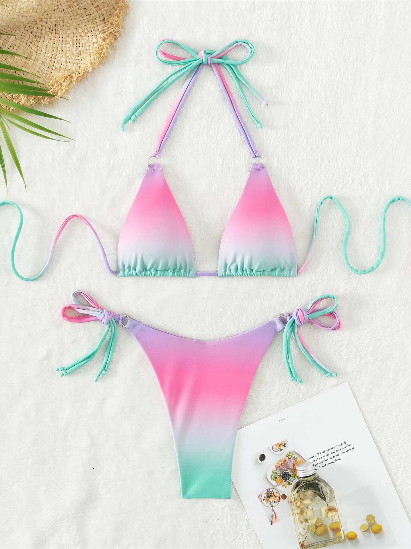 Dongdumaoyi Sexy Micro Bikini Women Pink Gradient Push Up Bikinis Sets Biquini Ribbed Bathing Suit Tie Side Triangle Swimwear Beachwear