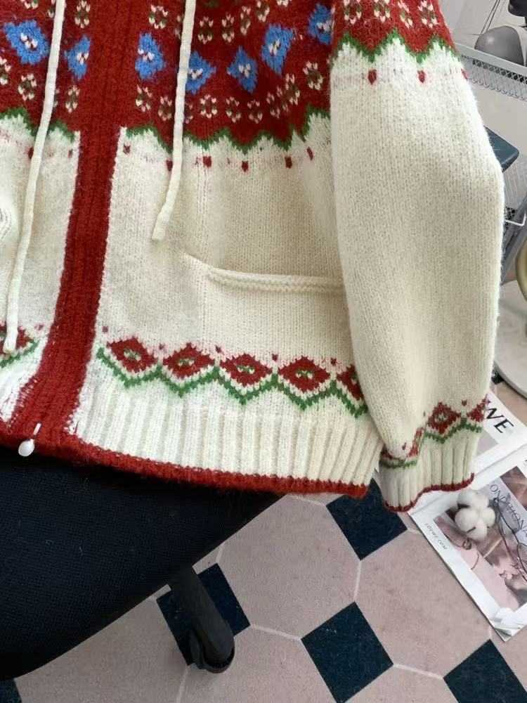 Autumn Winter Red THiCK Sweater Coat Women Christmas Fair Isle Jacquard Hooded Knitted Cardigan Warm W251107