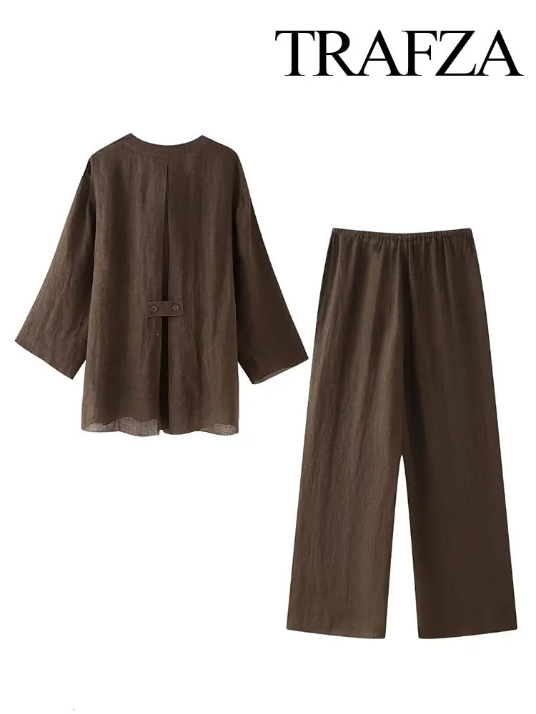 TRAFZA Spring Linen Womens Fashion Linen Brown Open Collar Kimono TopLace Casual Womens Wide Leg Pants 250401