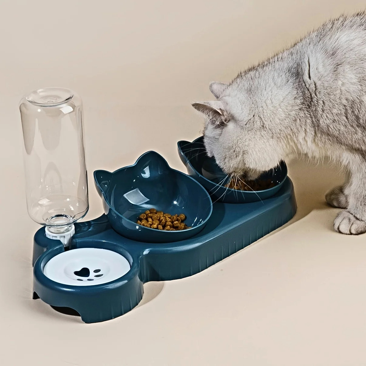 Pet bowl with water dispenser 3-in-1 ear tilted cat water and food bowl set with gravity water bottle for neck protection 250403