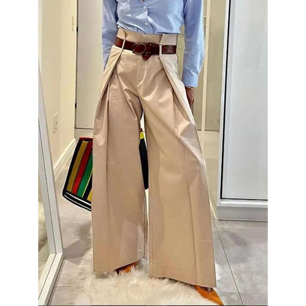 hoodie Women's Wear Freeacy 2024 Women's Fashion Commuter Pants Apricot Elastic High Waist Pleated Trousers Full-Length Wide Leg Bottoms For