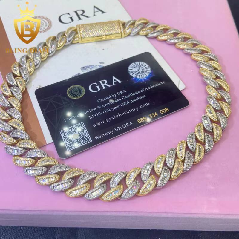 In Stock HipHop Style 15MM 925 Silver Moissanite Cuban Chain Pass Diamond Tester VVS Moissanite Necklace Chain Silver with GRA