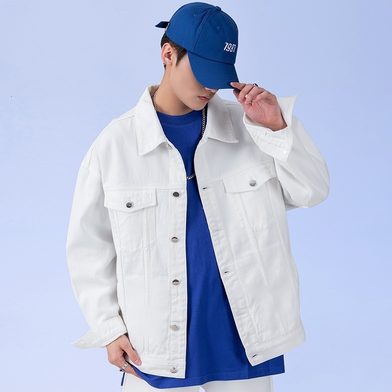 Autumn mens oversized denim jacket fashionable classic white cotton casual loose highquality top 250312