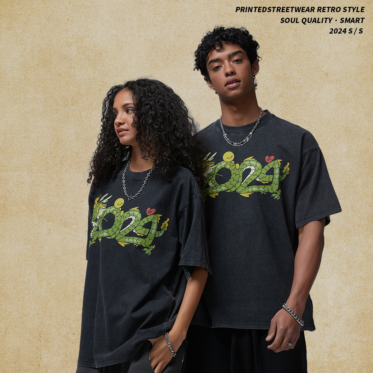 Men's Wear | 2025 New Product China Year of the Loong Printed Wash Round Neck Short Sleeve Street Fashion T-shirt Men