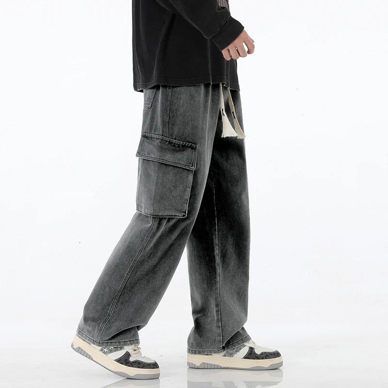 Autumn Mens Cargo Jeans Pocket US High Street Y2K Multi Pocket Youth Coat Fashion Street Clothing Retro Wide Leg Pants 250403