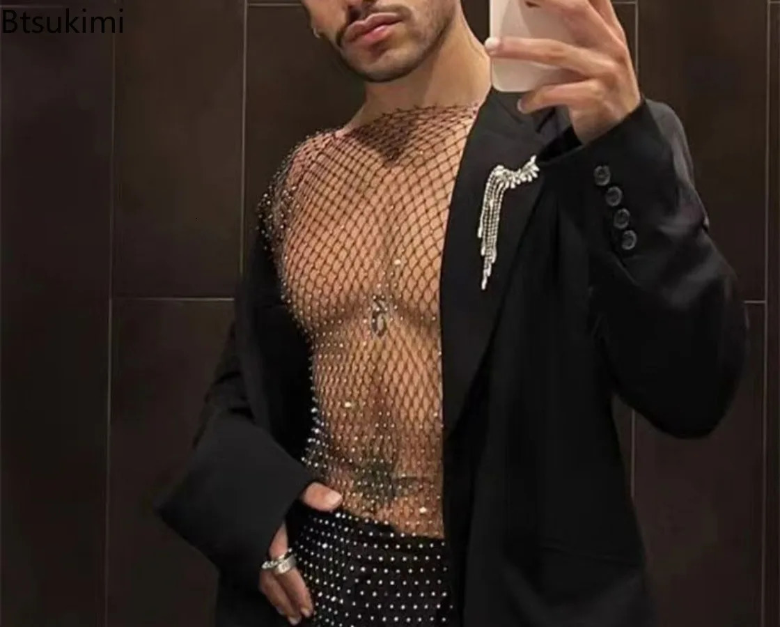 Sexy See Through Mesh T-shirt for Men Sparkling Diamond Fish Net Hollow Fish Tank Top Mens Carnival Party Nightclub Top 250403