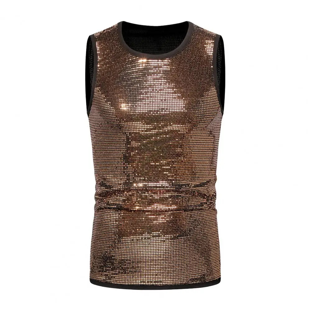 Men Casual Vest Mens Shiny Metallic Sleeveless Vest for Club Performance Stage Show Slim Fit Stretchy Tank Top with Round Neck 250407