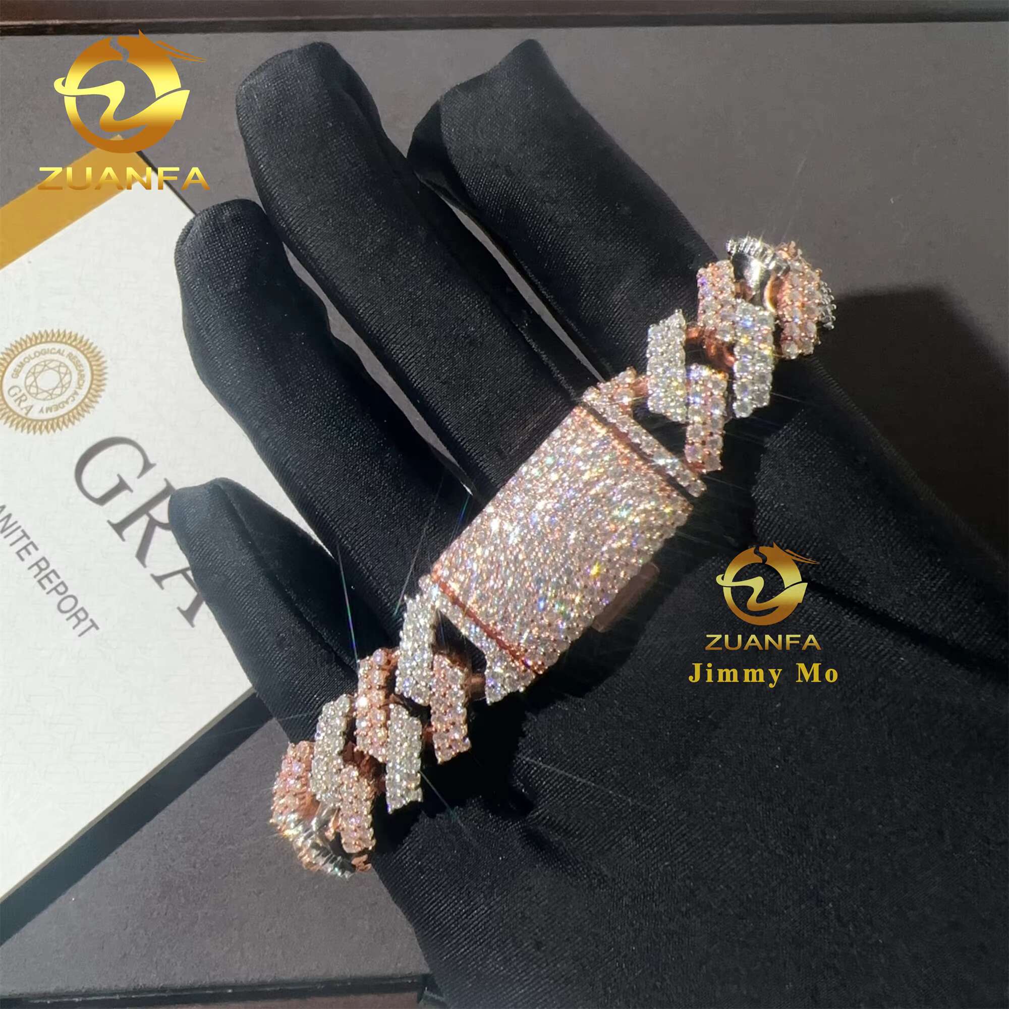 15mm Two Tone Color Rose+White Rapper Man Jewelry Hip Hop Iced Out S 925 Silver VVS1 Moissanite Diamond Miami Cuban Bracelet