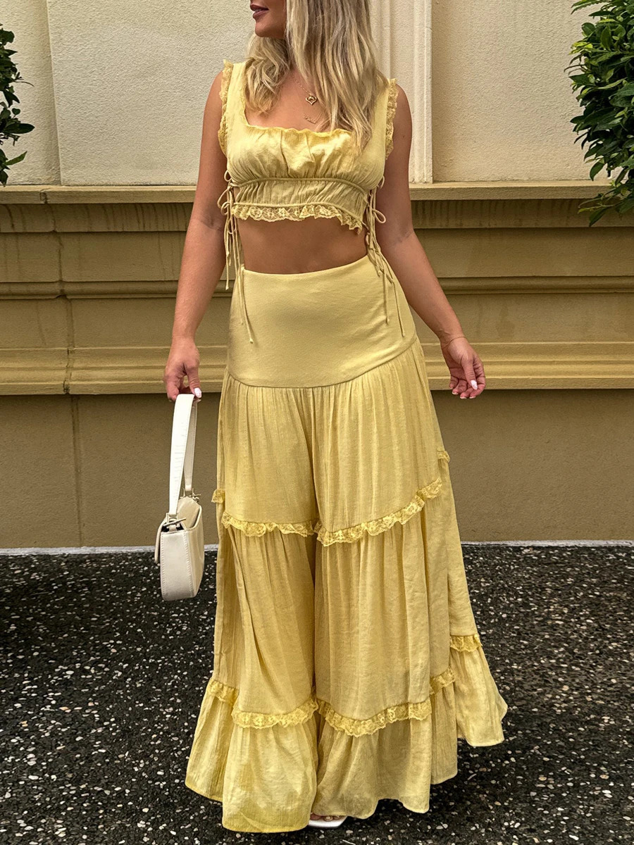 y2k Boho 2 Piece Outfits for Women Lace Trim Sleeveless UNeck Tank Tops with Long Skirt Set Beach Party Clothes 250313