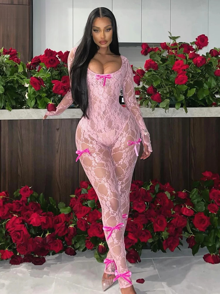 Kliou Lace Bow Jumpsuits Women Solid Sexy Coquette Full Sleeve Square Neck See Through Slim Overalls Female Midnight Attirewear