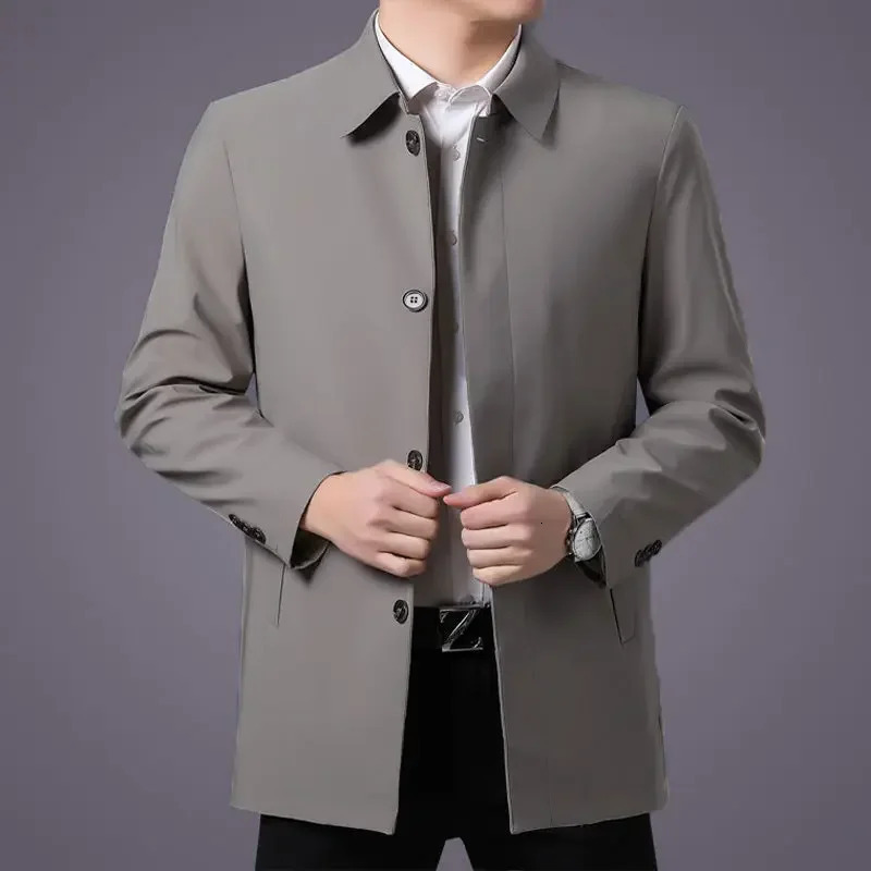 Casual Business Collar Windshield Jacket Mens Coats High Quality Spring Trench Solid Color Medium Length 250313