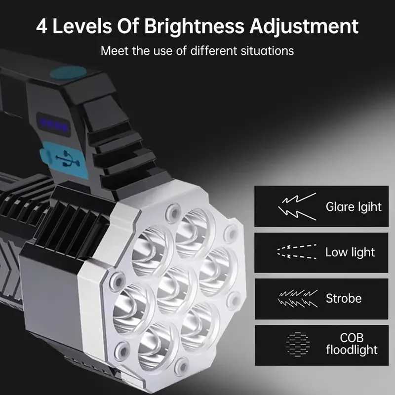 7LED Flashlight 4 Lighting Mode IPX4 Waterproof 4-Level Brightness Adjustable with Power Indicator for Hiking Emergency SurvivalW251106