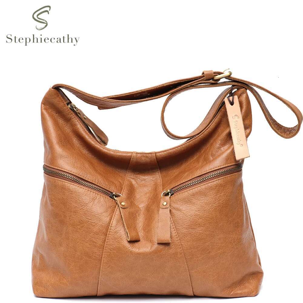 SC Vintage Large Casual Women Shoulder Bag Oil Wax Genuine Leather Multi Pockets Hobo Handbag Retro Daily Crossbody Purse