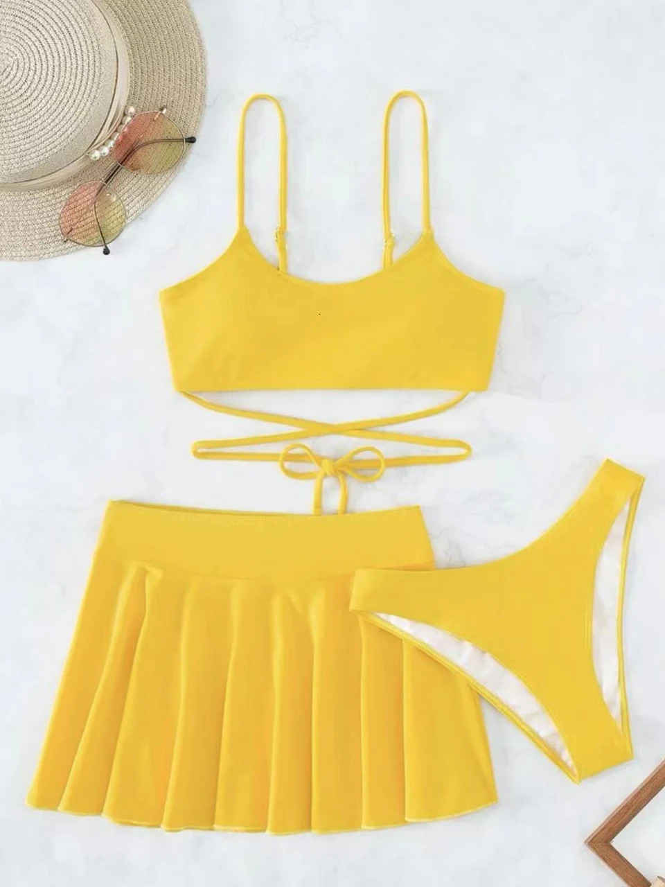 3 Pieces Crisscross Tie Back Bikini Short Skirt Swimsuit Women Solid Swimwear Beach Wear Female Bathing Suit Swim Summer 250313