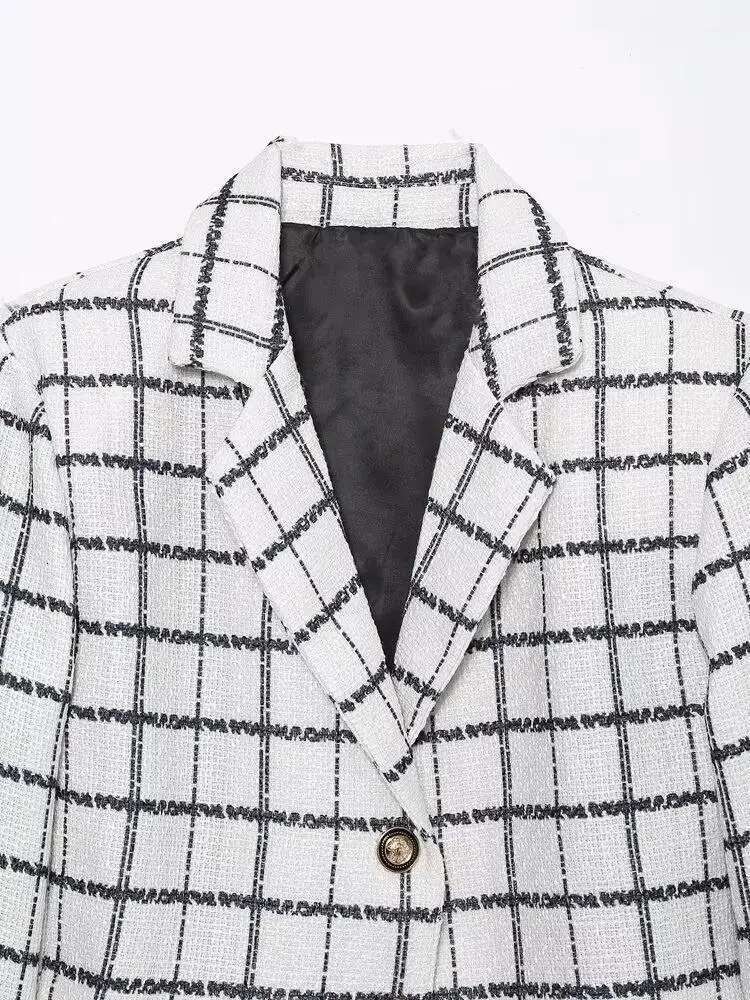 Women Black Plaid Texture Knitted Short Blazer Autumn Winter White Coat