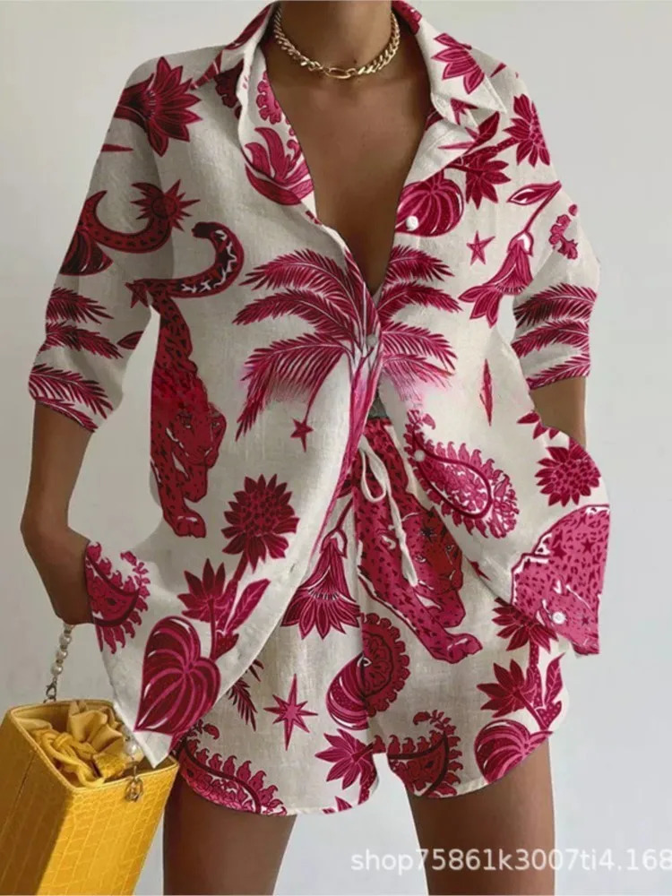 Short sleeved collar bohemian topshorts 2piece set for womens fashionable springsummer floral print seaside vacation women 250313