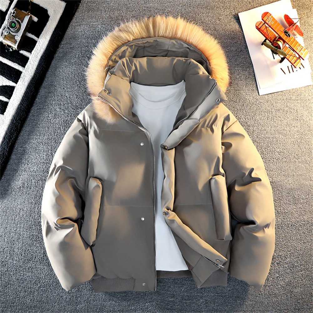 Winter Down Puffer Overcoat Men Fur Collar Soft Leather Parkas Mens Windproof Padded Coat Streetwear Mens Outdoor Parka JacketT251107