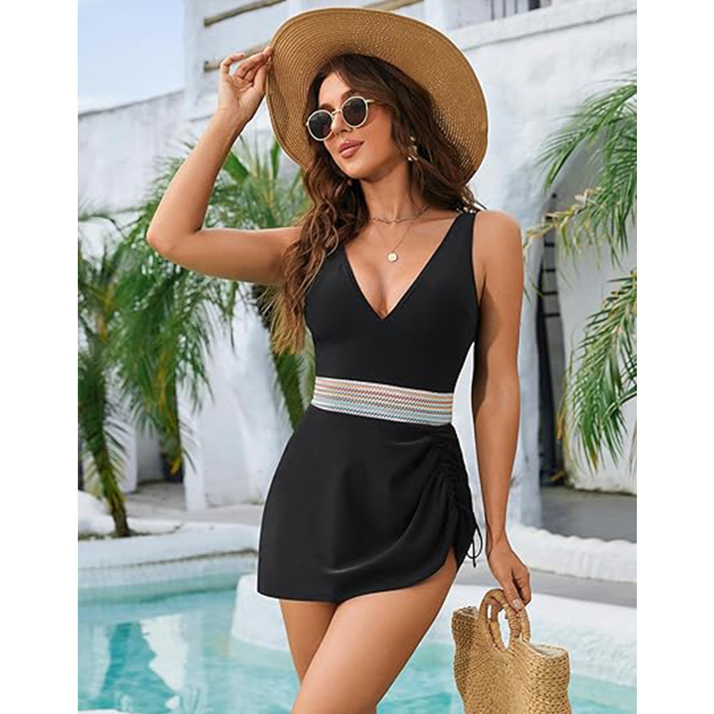 2025 solid color jumpsuit triangle bottom skirt style drawstring waist knitted elastic band fashionable swimsuit for women
