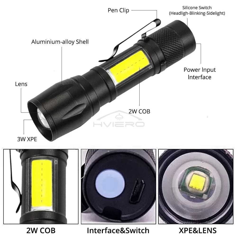 Mini Torch LED Rechargeable Flashlight Portable USB Charging COB Light High Power Bank Camping Waterproof Long Range LanternW251106