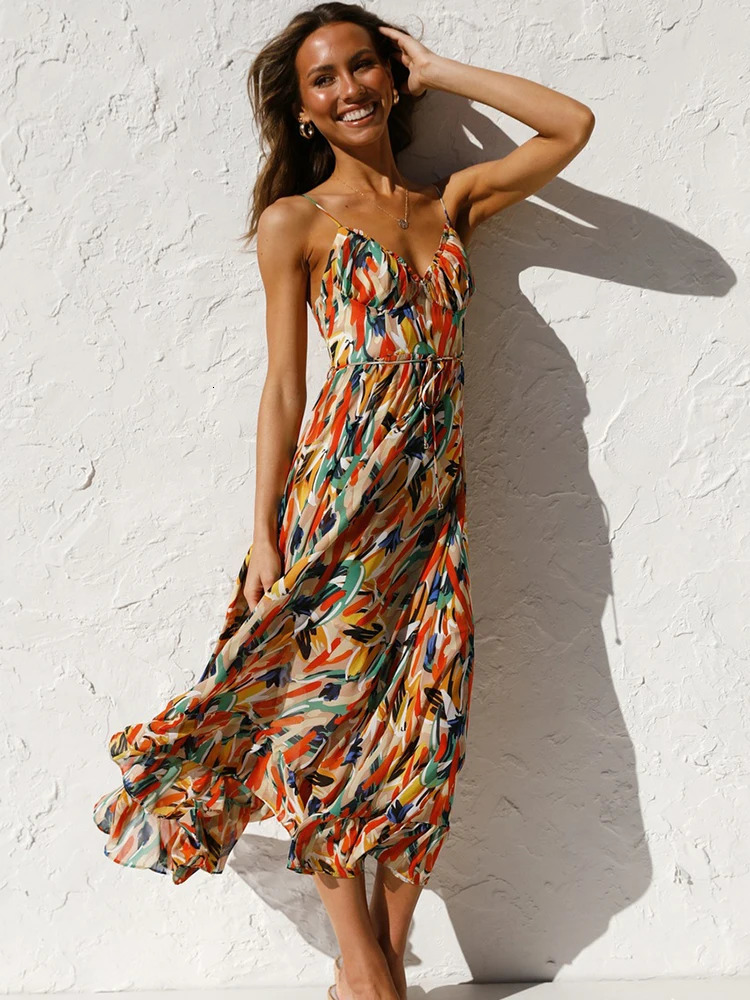 Summer womens floral long dress spaghetti strap sexy dress casual beach dress sun skirt womens clothing Bohemian dress 250401