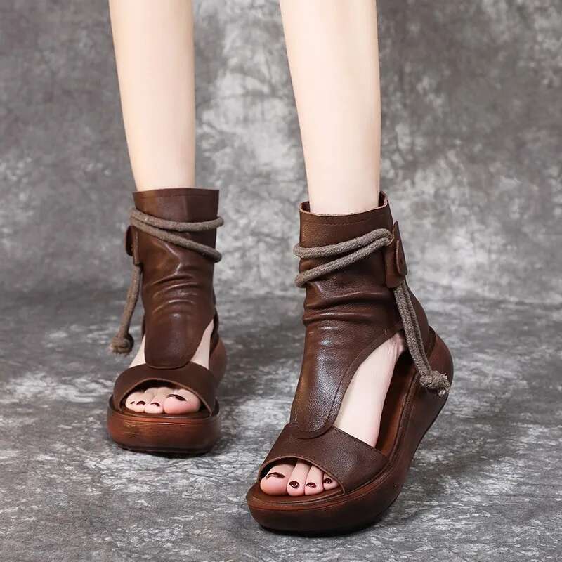 Retro Sandals Fashion Leather Boots Breathable Platform Designer Mid Heels Women Wedges Shoes Sandalias Mujer